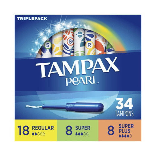Tampax Pearl TriplePack Tampons, Regular/Super/Super Plus, Unscented, 34 Ea